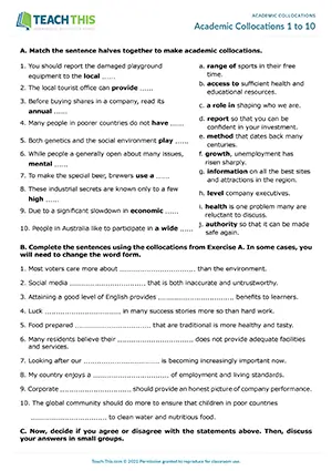 ACL Academic Collocations 1 to 10 Worksheet preview for Intermediate B1: matching, gap-fill, guided discussion, communicative group work