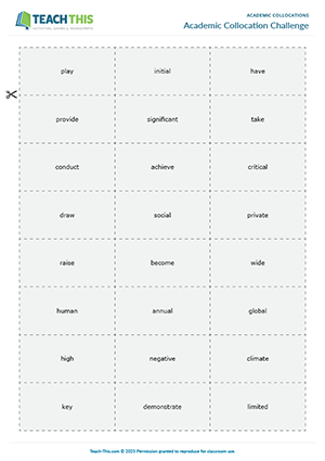 ACL Academic Collocation Games preview for Upper-intermediate B2: pelmanism, matching, snap, sentence formation, pair work