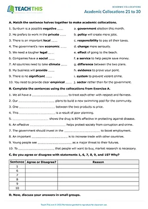 ACL Academic Collocations 21 to 30 Worksheet preview for Intermediate B1: matching, gap-fill, discussion, communicative group work