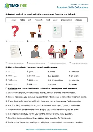 Academic Skills Collocations preview for Pre-intermediate A2: matching, binary choice, gap-fill, writing sentences, discussion, freer pair work