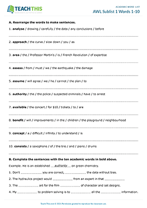 AWL Sublist 1 Words 1-10 Worksheet Preview