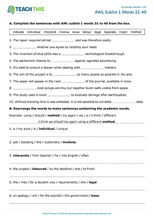 AWL Sublist 1 Words 31-40 Worksheet Preview