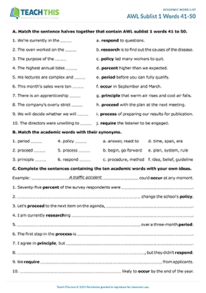 AWL Sublist 1 Words 41-50 Worksheet Preview