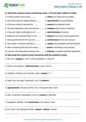 AWL Sublist 2 Words 1-10 Worksheet Preview