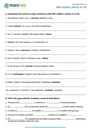 AWL Sublist 2 Words 31-40 Worksheet Preview