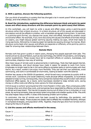 EAP Cause and Effect Essays Worksheet preview for Upper-intermediate B2: point-by-point structure, identifying, gap-fill, outlining, peer review, essay writing