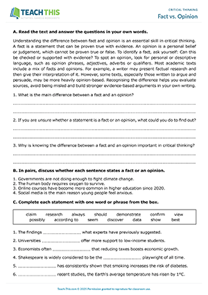 EAP Critical Thinking Worksheet preview for Intermediate B1: identifying, answering questions, discussion, pair work