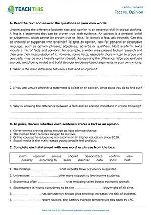EAP Critical Thinking Worksheet preview for Intermediate B1: identifying, answering questions, discussion, pair work