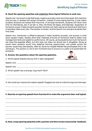 EAP Logical Fallacies Worksheet preview for Intermediate B1: matching, identifying, rewriting a speech, discussion, peer review