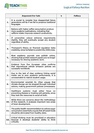 EAP Critical Thinking Game preview for Upper-intermediate B2: logical fallacies, auction, discussion, group work