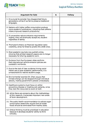 EAP Critical Thinking Game preview for Upper-intermediate B2: logical fallacies, auction, discussion, group work