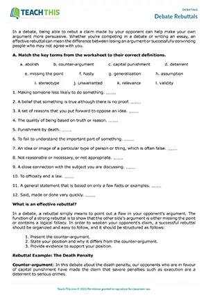 EAP Debate Rebuttals Worksheet preview for Upper-intermediate B2: rebuttal structure, writing paragraphs, presenting, group work
