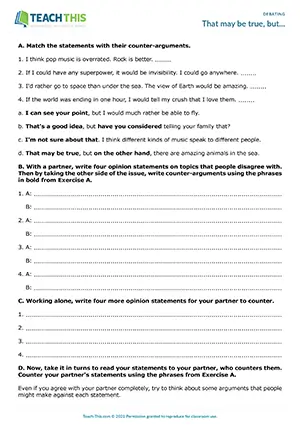 EAP Counter-Arguments Activity preview for Upper-intermediate B2: matching, writing, delivering counter arguments, pair work