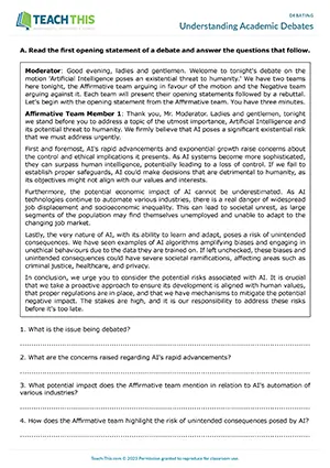 EAP Academic Debates Worksheet preview for Advanced C1: short answer, multiple-choice, true/false/not given