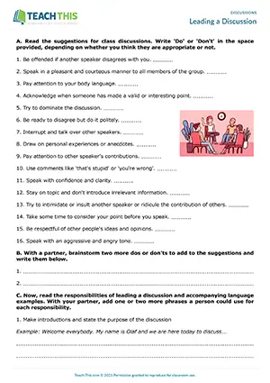EAP Leading Discussions Worksheet preview for Upper-intermediate B2: categorising, adding phrases, leading group discussion