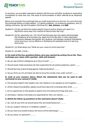 EAP Discussion Skills Worksheet preview for Upper-intermediate B2: interaction patterns, hesitation expressions, model interaction, pair work