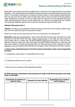 EAP Discussion Skills Worksheet preview for Upper-intermediate B2: expressing opinions, responding, table completion, pair work