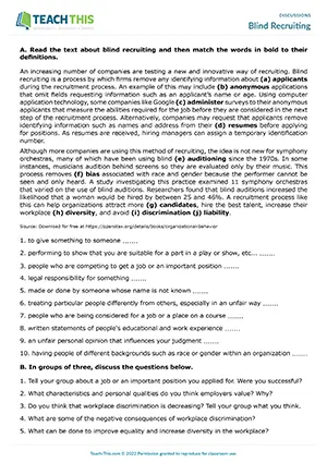 EAP Discussion Practice Activity preview for Upper-intermediate B2: matching, topic vocabulary, job interviews, group work