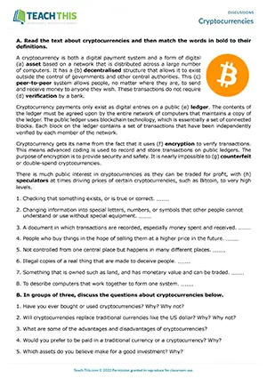 EAP Discussion Activity preview for Upper-intermediate B2: matching, topic vocabulary, cryptocurrency, group discussion