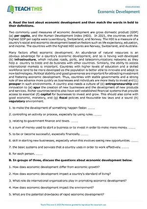 EAP Discussion Practice Activity preview for Upper-intermediate B2: matching, topic vocabulary, economic development, group discussion
