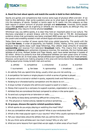 EAP Discussion Activity preview for Upper-intermediate B2: matching, sports vocabulary, guided discussion, group work