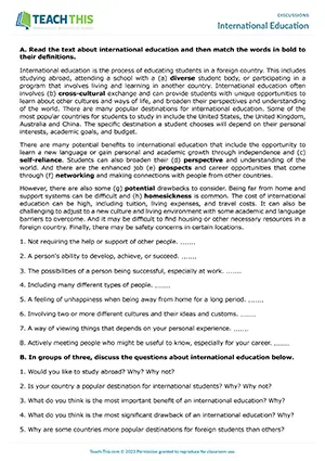 EAP Discussion Practice Activity preview for Intermediate B1: matching, topic vocabulary, guided discussion, group work