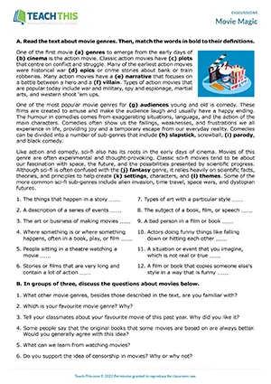 EAP Discussion Practice Activity preview for Upper-intermediate B2: matching, movie vocabulary, guided discussion, group work
