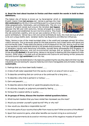 EAP Discussion Practice Activity preview for Upper-intermediate B2: matching, tourism vocabulary, guided discussion, group work