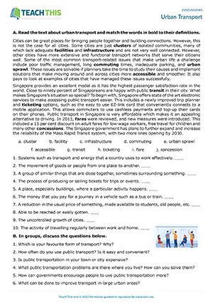 EAP Discussion Practice Activity preview for Upper-intermediate B2: matching, transport vocabulary, guided discussion, group work