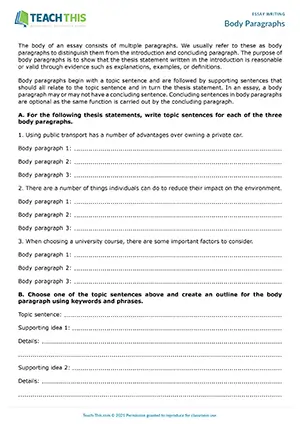 EAP Body Paragraphs Worksheet preview, Intermediate (B1), reading and writing exercises, sentence writing, paragraph outlining