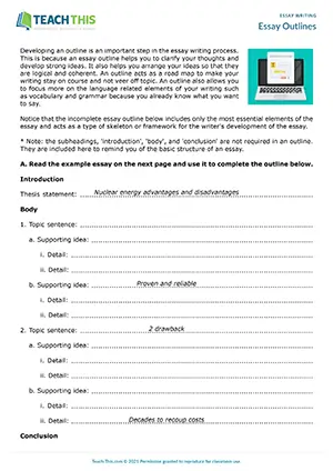 EAP Essay Outlines Worksheet preview, Intermediate (B1), identifying and brainstorming for essay outlines