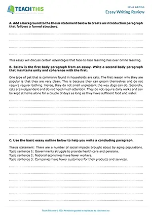 EAP Essay Writing Review Worksheet preview, Intermediate (B1), reading and writing exercises, error correction, matching, true or false