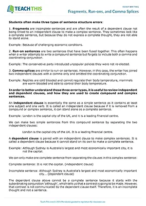 EAP Fragments, Run-ons, and Comma Splices Worksheet preview, Intermediate (B1), identifying and correcting sentence errors