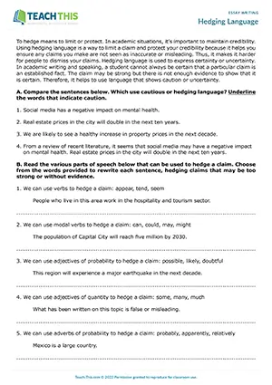 EAP Essay Writing Worksheet preview, Upper-intermediate (B2), hedging language activities, identifying, rewriting, unscrambling