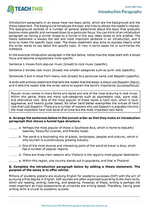 EAP Introduction Paragraphs Worksheet preview, Intermediate (B1), reading and writing exercises, thesis statement and paragraph writing