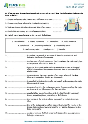 EAP Parts of an Essay Worksheet preview, Intermediate (B1), reading, matching, outlining and writing exercises