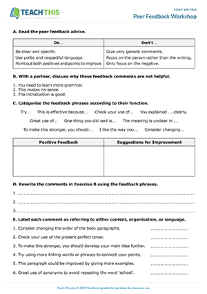 EAP Peer Feedback Worksheet preview, Intermediate (B1), peer review and discussion activities