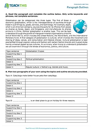 EAP paragraph outlines worksheet preview for Intermediate (B1) showing table completion, outlining, paragraph writing, and peer feedback