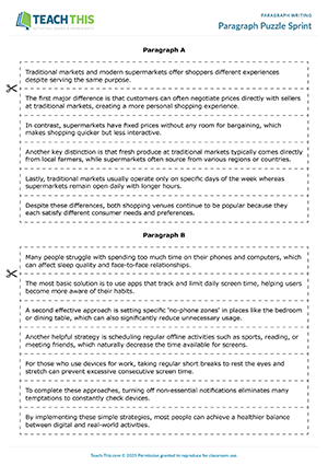 EAP paragraph coherence game preview for Intermediate (B1) showing ordering, question answering, and pair race activities
