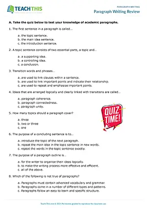 EAP paragraph writing review worksheet preview for Intermediate (B1) showing multiple choice, editing, revising, and error correction