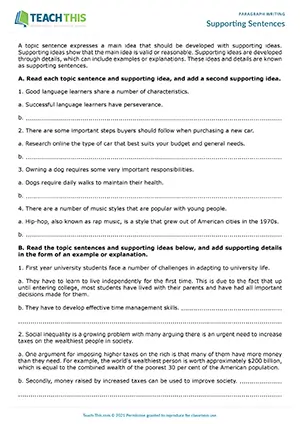 EAP supporting sentences worksheet preview for Intermediate (B1) showing writing supporting ideas, details, and examples