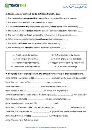 EAP Phrasal Verbs Worksheet preview for Intermediate B1: matching, gap-fill, binary choice, rewriting sentences