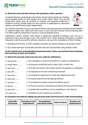 EAP Phrasal Verbs Worksheet preview for Upper-intermediate B2: identifying, matching, categorising, rewriting sentences, discussion, communicative practice, pair work