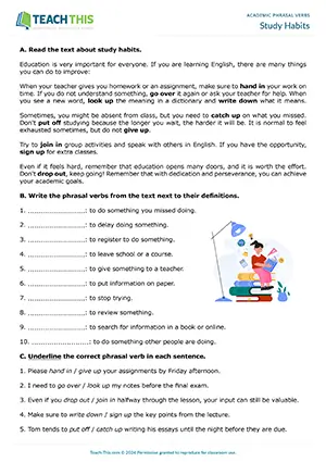 EAP Study-Related Phrasal Verbs Worksheet preview for Intermediate B1: reading, binary choice, gap-fill, asking and answering questions, pair work