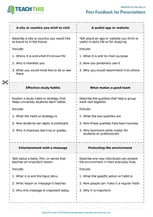 EAP academic presentation skills activity preview for Upper-intermediate (B2) showing gap-fill, categorising, writing and rewriting sentences, guided discussion, presenting, peer feedback, freer practice