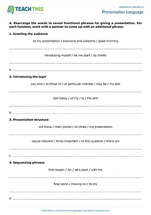 EAP presentation language worksheet preview for Intermediate (B1) showing phrase unscrambling, planning, outlining, and partner feedback