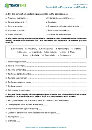 EAP academic presentation skills worksheet preview for Upper-intermediate (B2) showing ordering, matching, brainstorming, and presentation activities