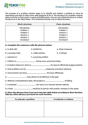 EAP problem-solution essays worksheet preview for Upper-intermediate (B2) showing gap-fill, categorising, outlining, and essay writing