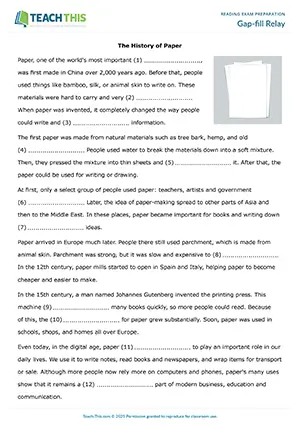 EAP reading exam preparation game preview for Intermediate (B1) showing skimming, scanning, and gap-fill activities