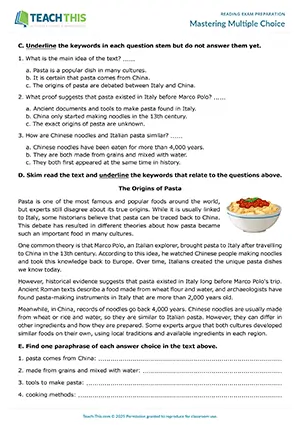 EAP multiple-choice questions worksheet preview for Intermediate (B1) showing strategies, identifying keywords, and process of elimination